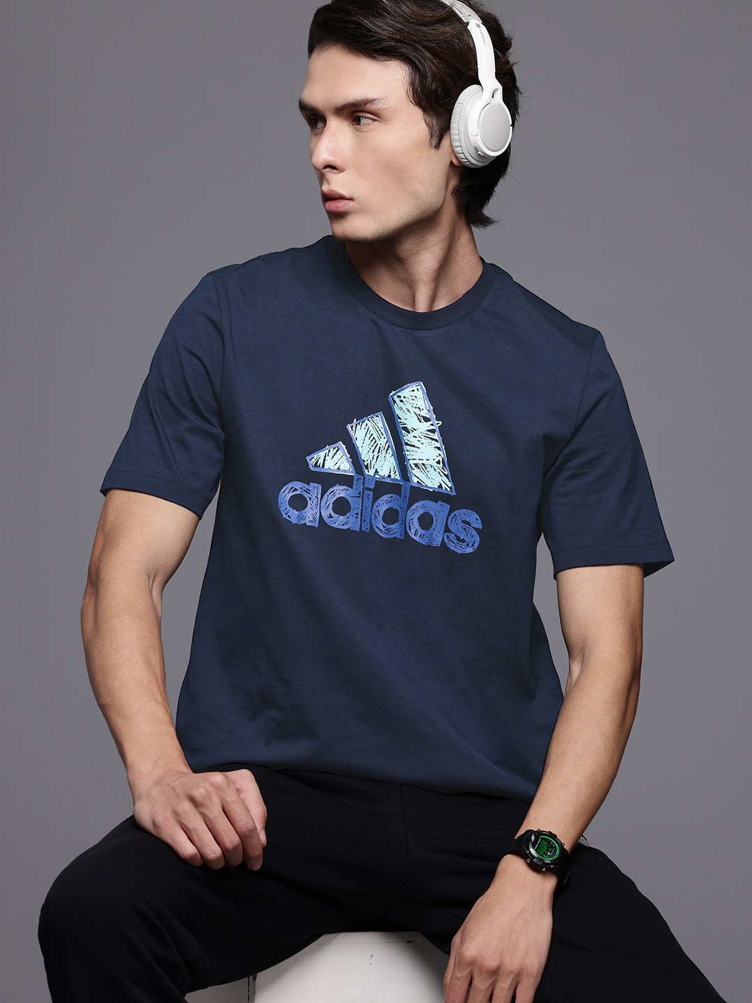 

ADIDAS Brand Logo Print Pure Cotton T-shirt, Navy blue