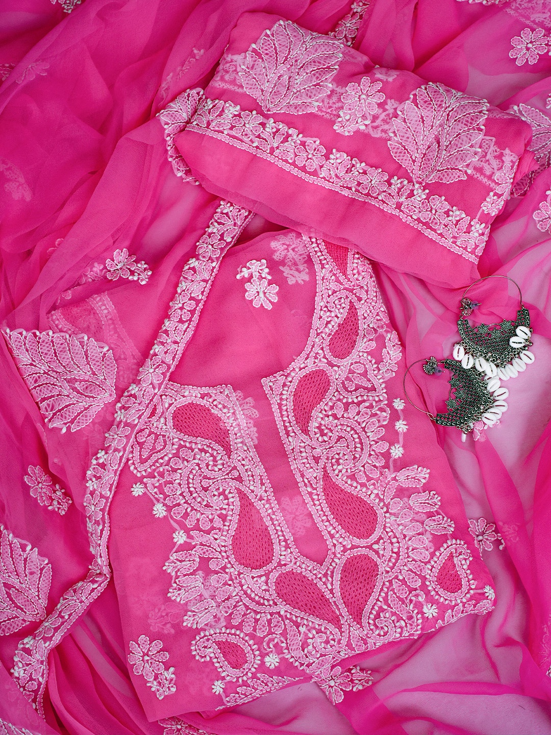 

ADA Ethnic Motifs Embroidered Zari Unstitched Dress Material, Pink