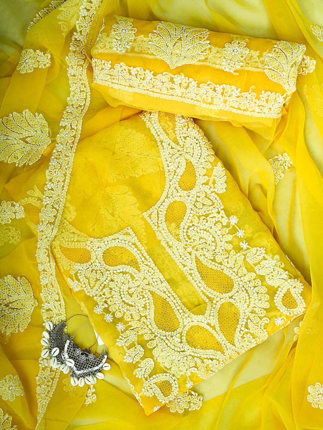 

ADA Ethnic Motifs Embroidered Zari Unstitched Dress Material, Yellow