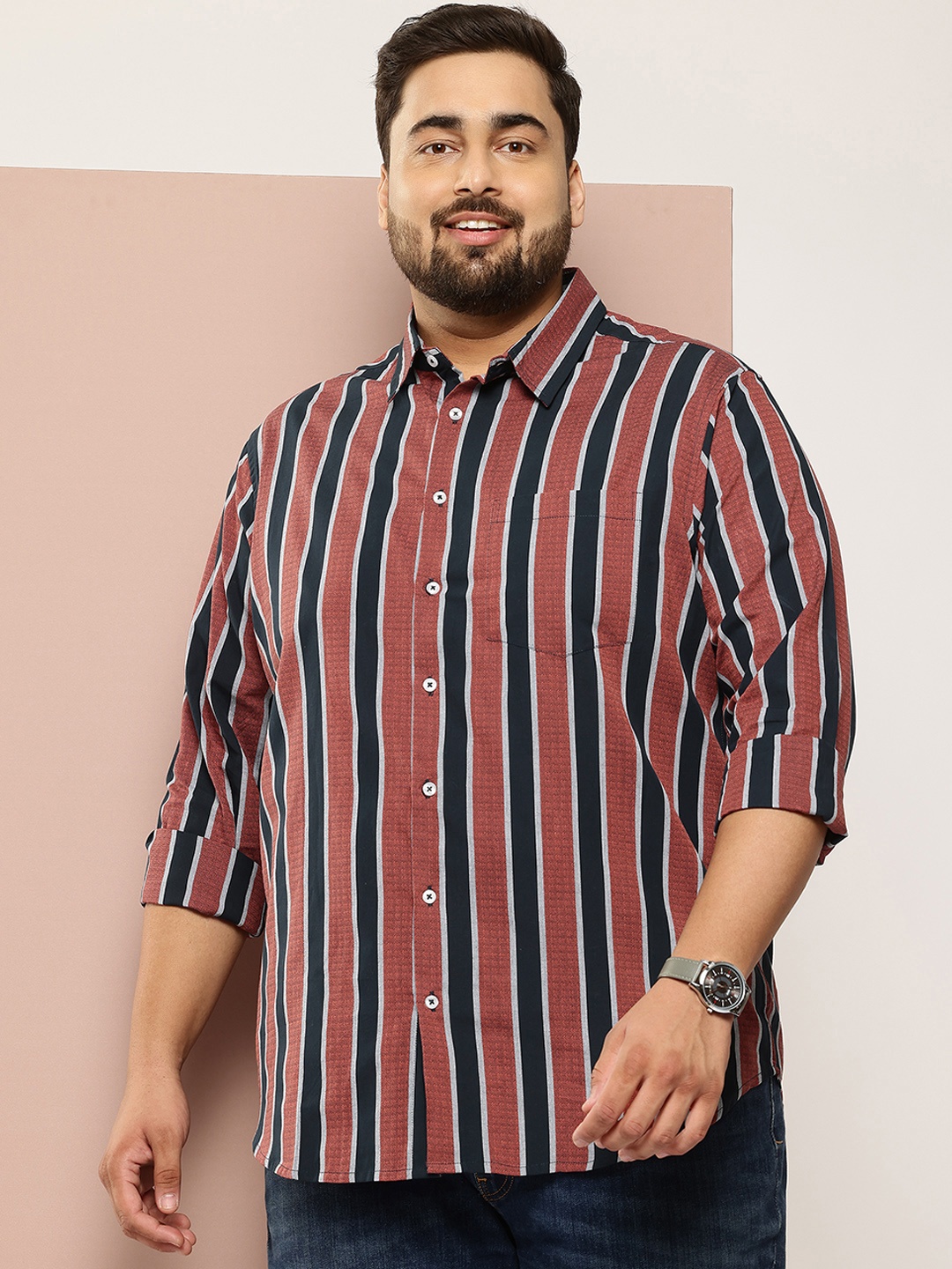 

Sztori Men Plus Size Classic Striped Casual Shirt, Rust