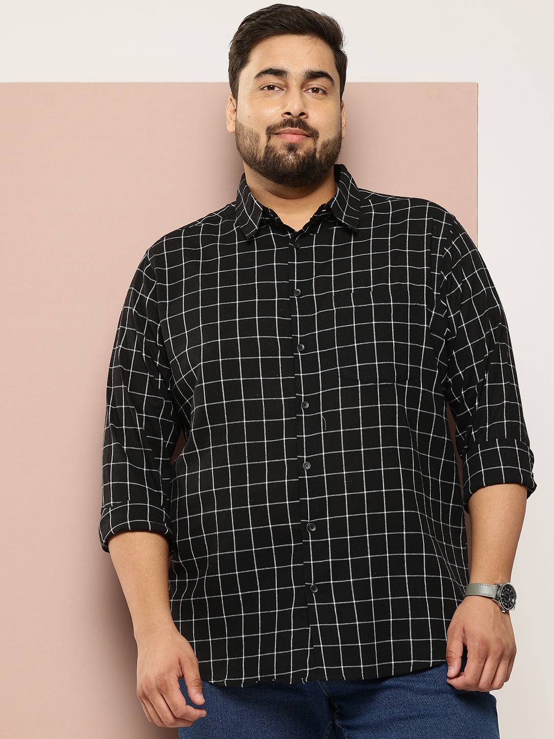 

Sztori Men Plus Size Classic Windowpane Checked Casual Shirt, Black