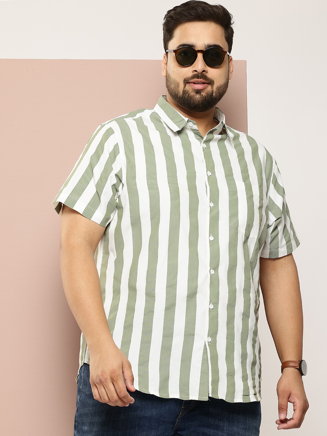

Sztori Men Plus Size Classic Striped Pure Cotton Casual Shirt, Olive