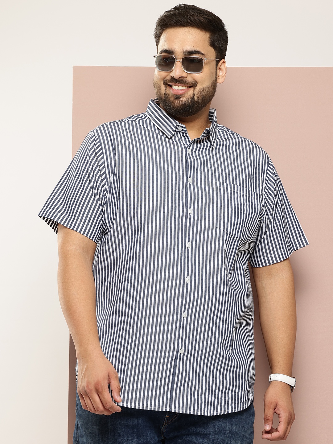 

Sztori Men Plus Size Classic Checked Pure Cotton Casual Shirt, White