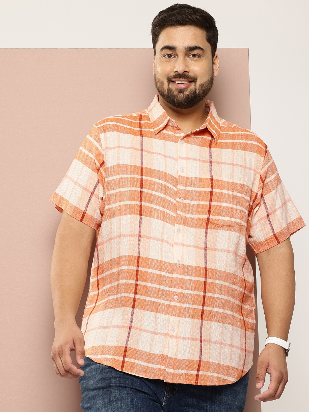 

Sztori Men Plus Size Classic Checked Pure Cotton Casual Shirt, Orange