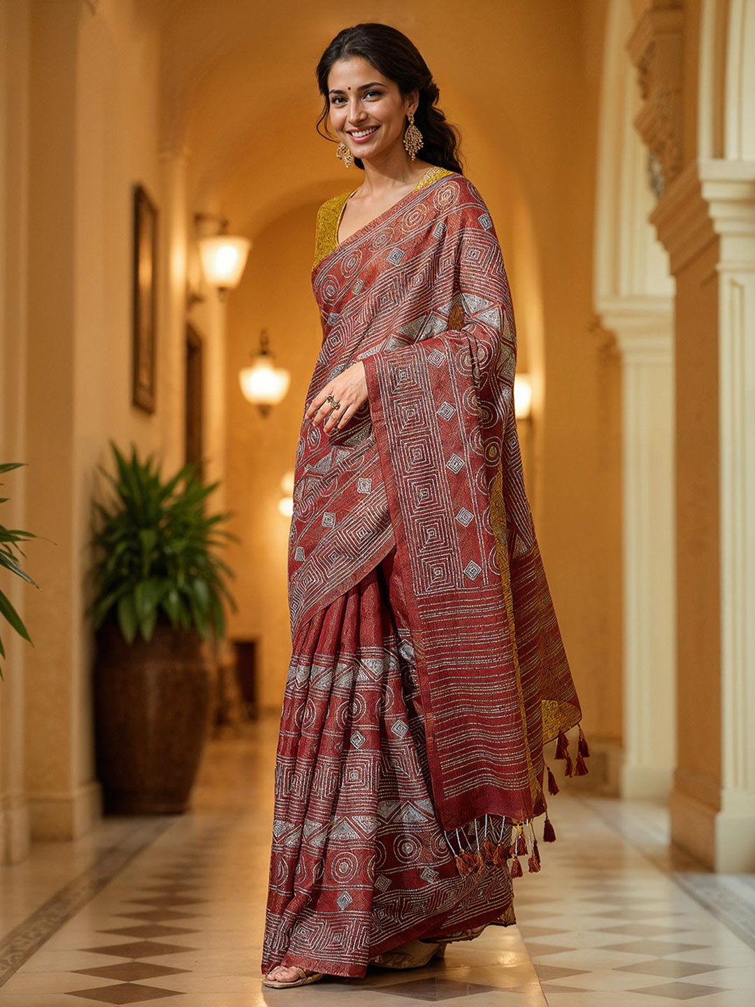 

Taneira Geometric Embroidered Zari Tissue Saree, Red