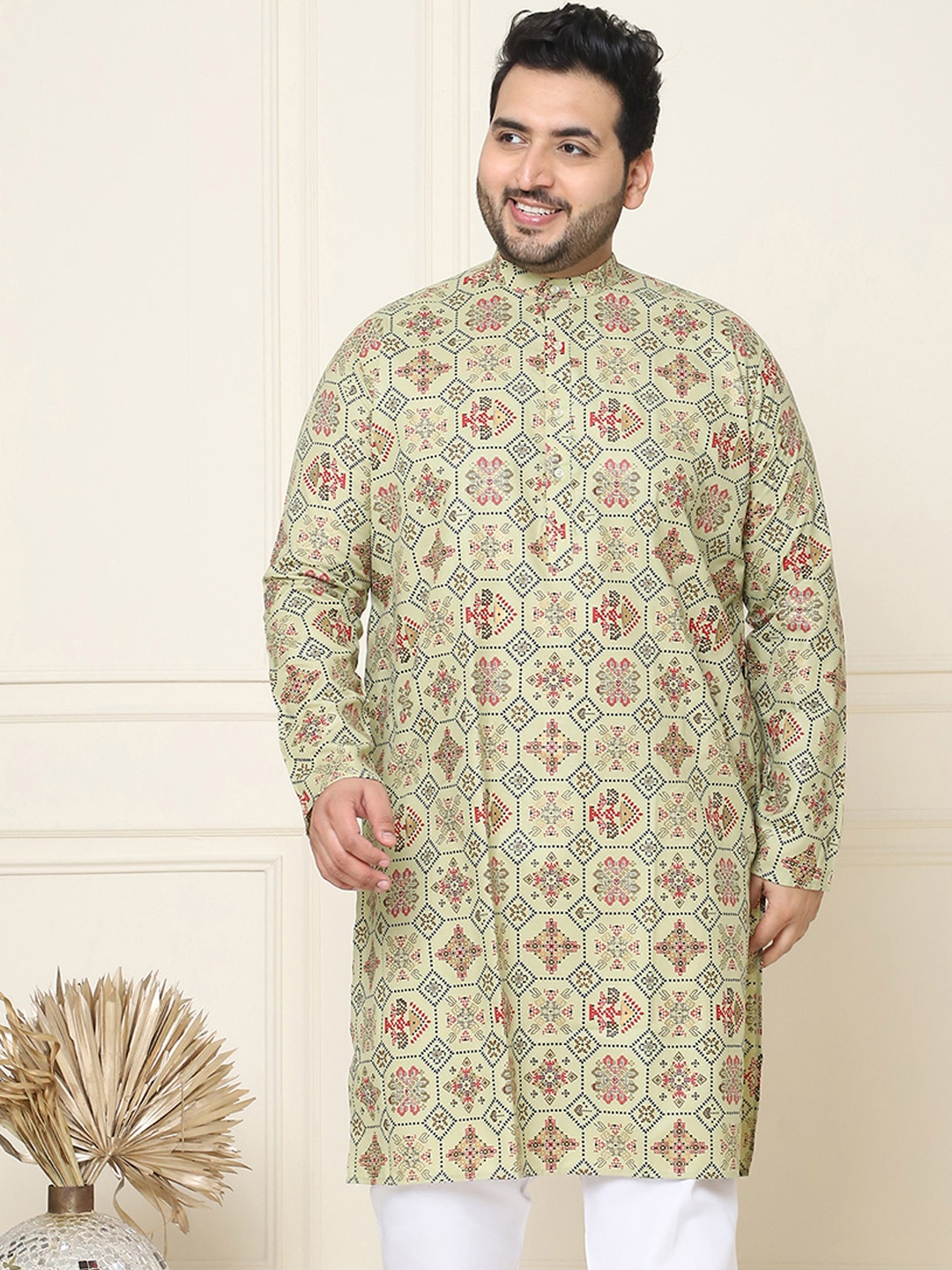 

SOJANYA PLUS Ethnic Motifs Printed Band Collar Straight Cotton Linen Kurta, Green