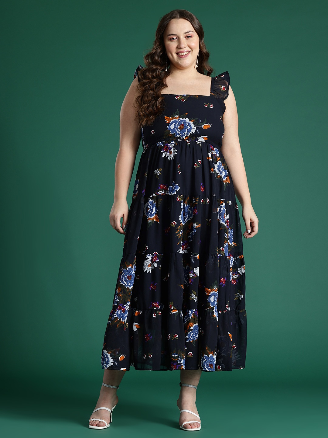 

DressBerry Curve Plus Size Floral Print Flutter Sleeve Georgette Fit & Flare Midi Dress, Navy blue