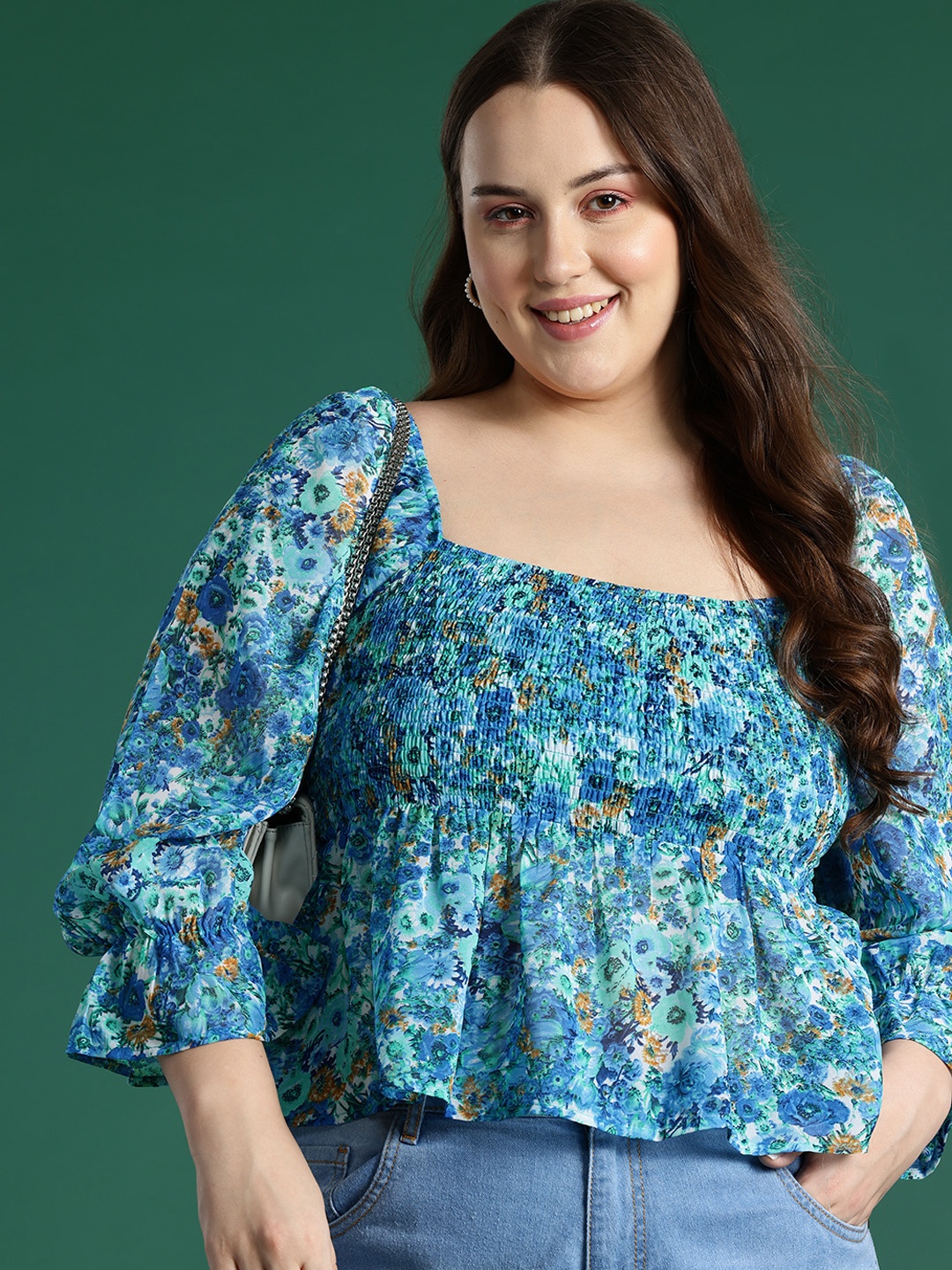 

DressBerry Curve Plus Size Floral Print Bell Sleeves Georgette Peplum Top, Blue