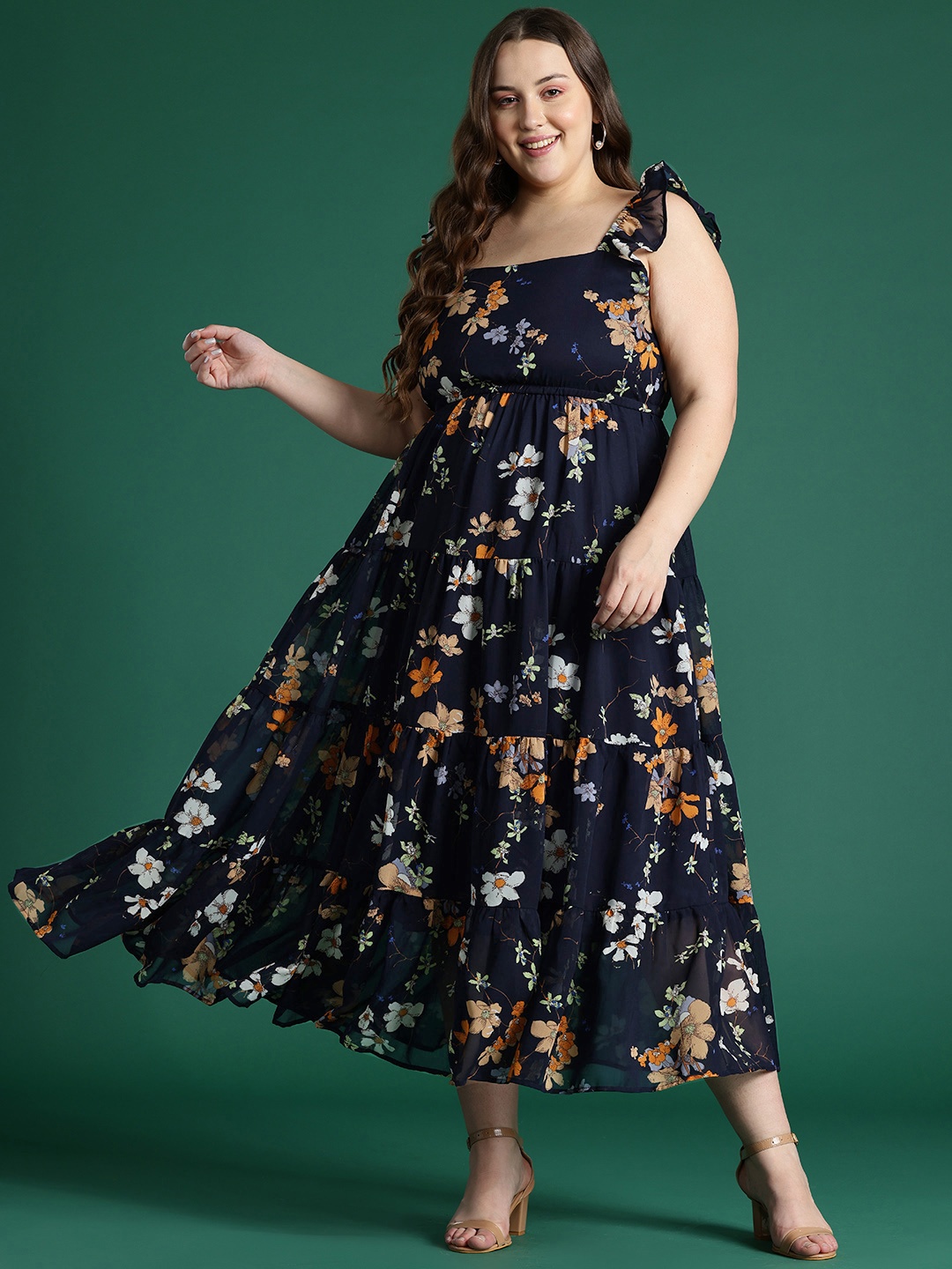 

DressBerry Curve Plus Size Floral Print Flutter Sleeves Georgette Fit & Flare Midi Dress, Navy blue