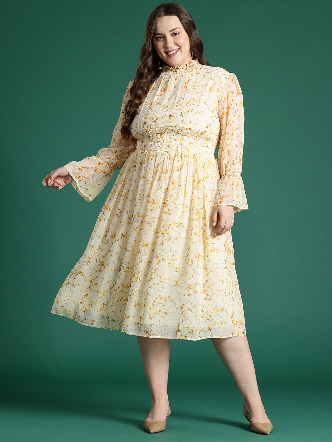 

DressBerry Curve Plus Size Floral Print Bell Sleeves Georgette Fit & Flare Dress, Beige