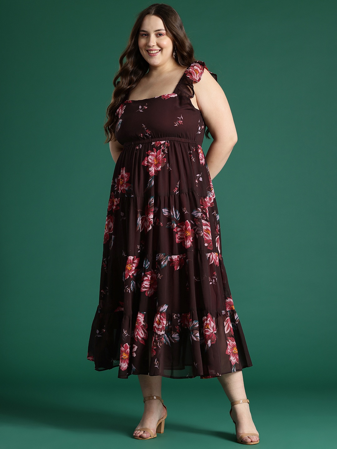 

DressBerry Curve Plus Size Floral Print Flutter Sleeves Georgette Fit & Flare Midi Dress, Maroon