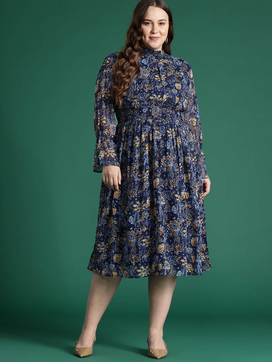 

DressBerry Curve Plus Size Floral Print Bell Sleeves Georgette Fit & Flare Dress, Navy blue