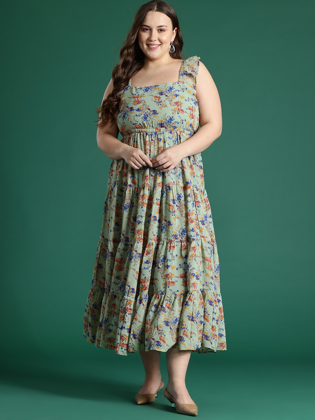 

DressBerry Curve Plus Size Floral Print Flutter Sleeves Georgette Fit & Flare Midi Dress, Green