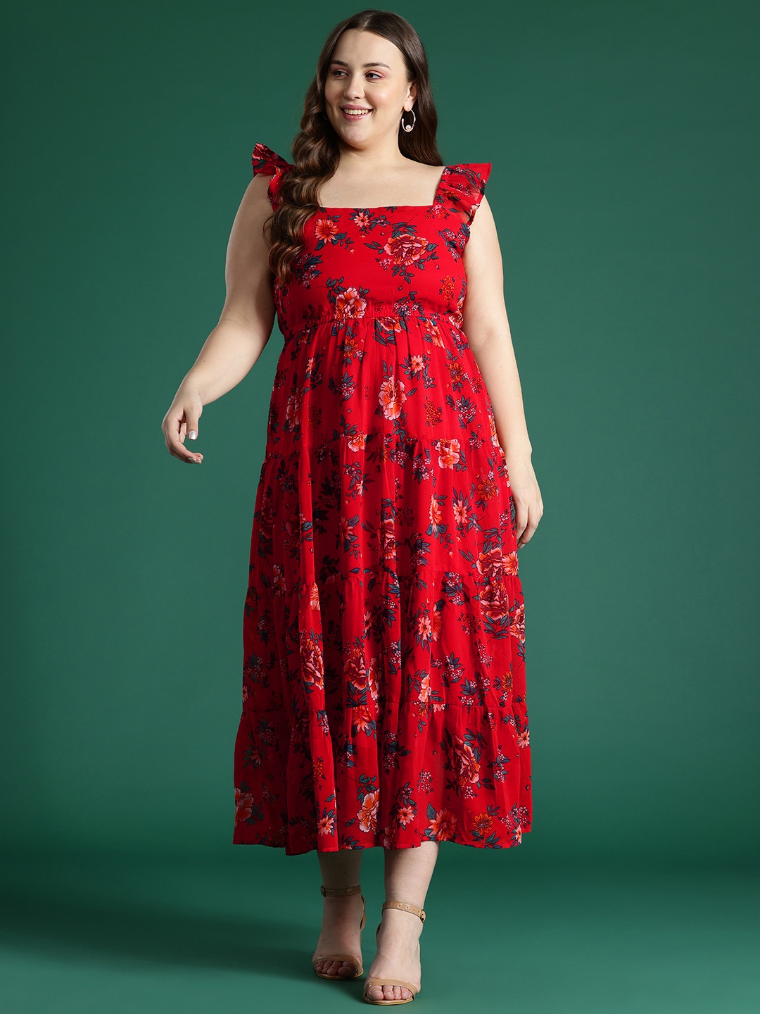 

DressBerry Curve Plus Size Floral Print Flutter Sleeves Georgette Fit & Flare Midi Dress, Red