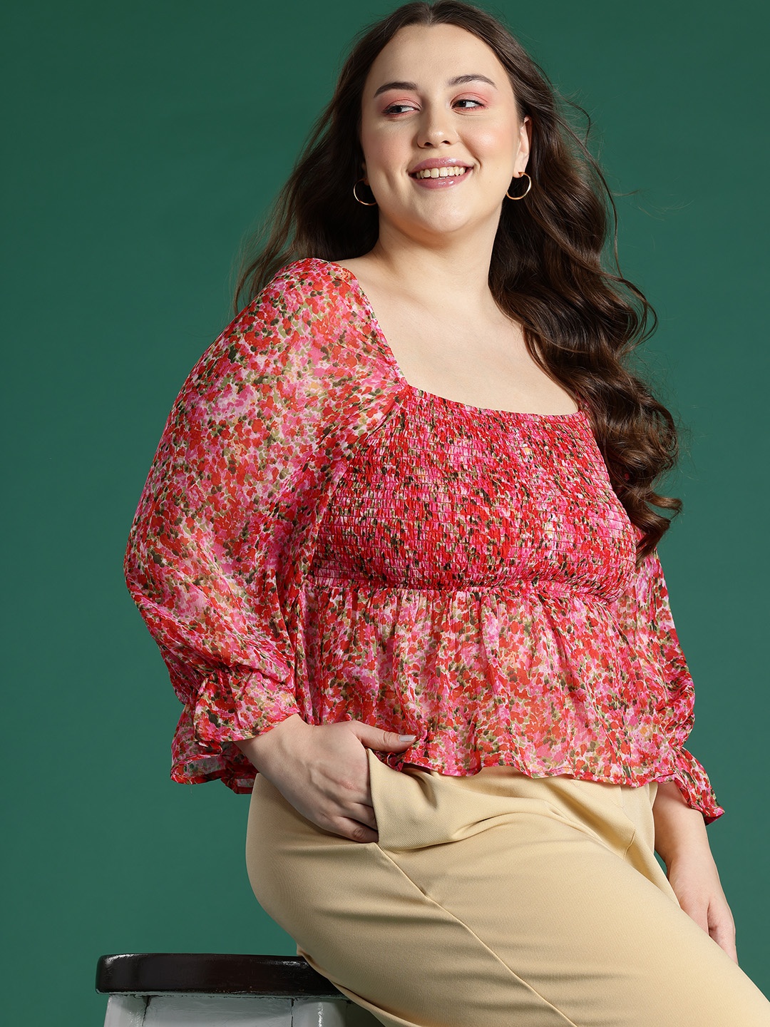 

DressBerry Curve Plus Size Floral Print Bell Sleeves Georgette Peplum Top, Pink