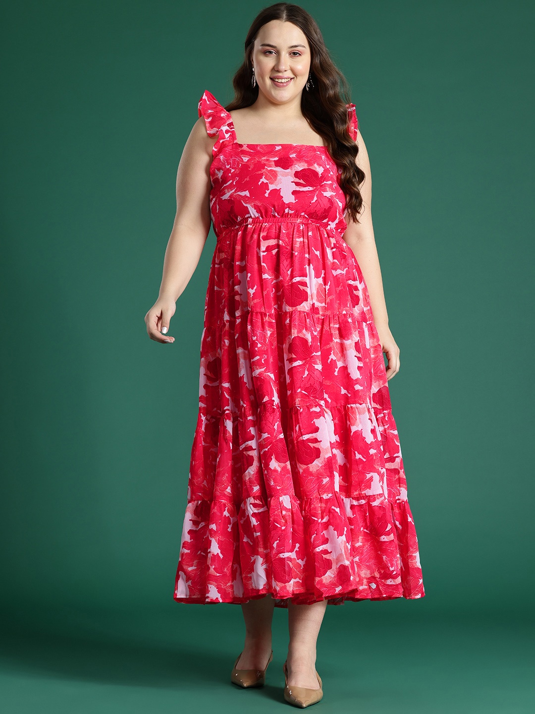 

DressBerry Curve Plus Size Print Flutter Sleeve Georgette Maxi Dress, Red