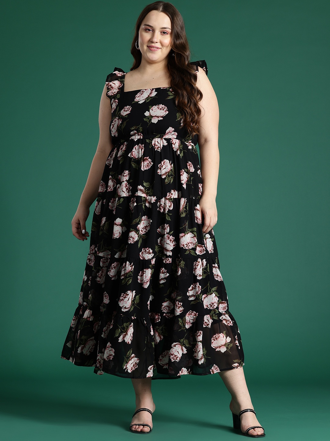 

DressBerry Curve Plus Size Floral Print Flutter Sleeves Georgette Maxi Dress, Black
