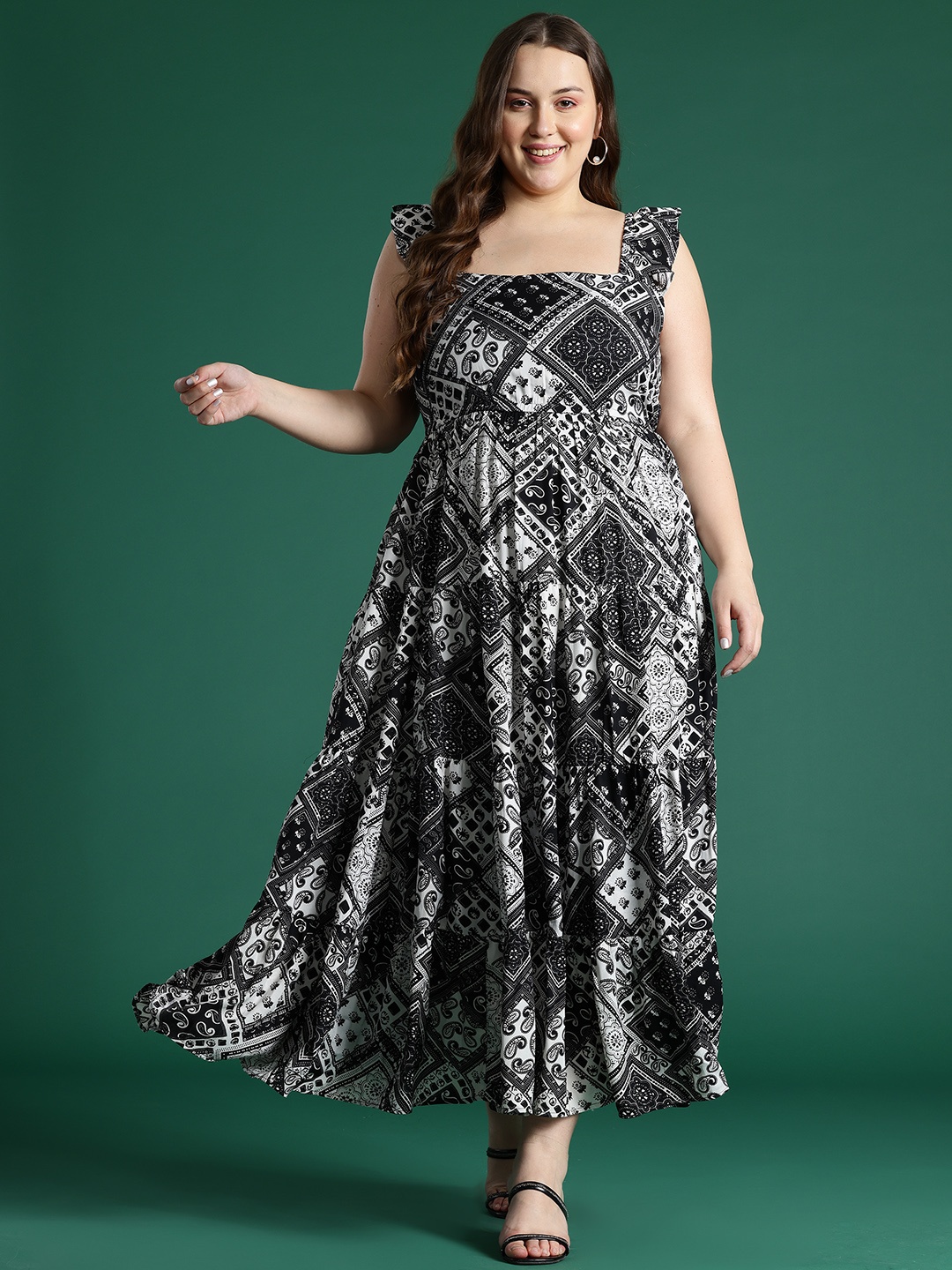 

DressBerry Curve Plus Size Ethnic Motifs Print Flutter Sleeves Georgette Maxi Dress, Black