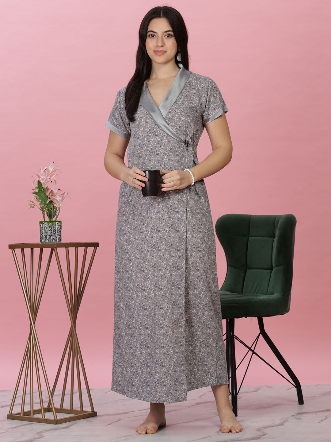 

9shines Label Printed Maxi Nightdress, Grey