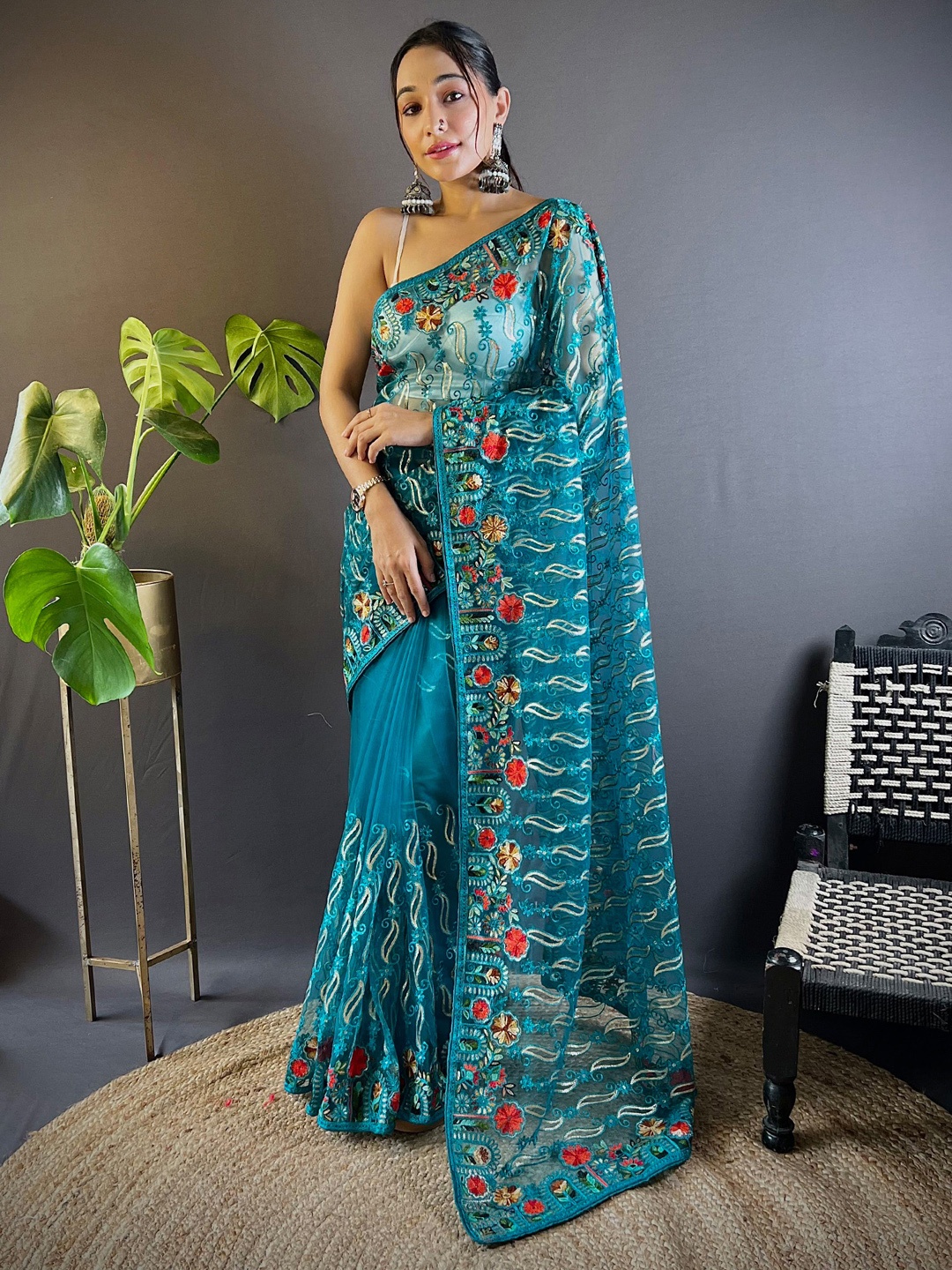 

Anouk Ethnic Motifs Embellished Kutchi Embroidery Saree, Blue