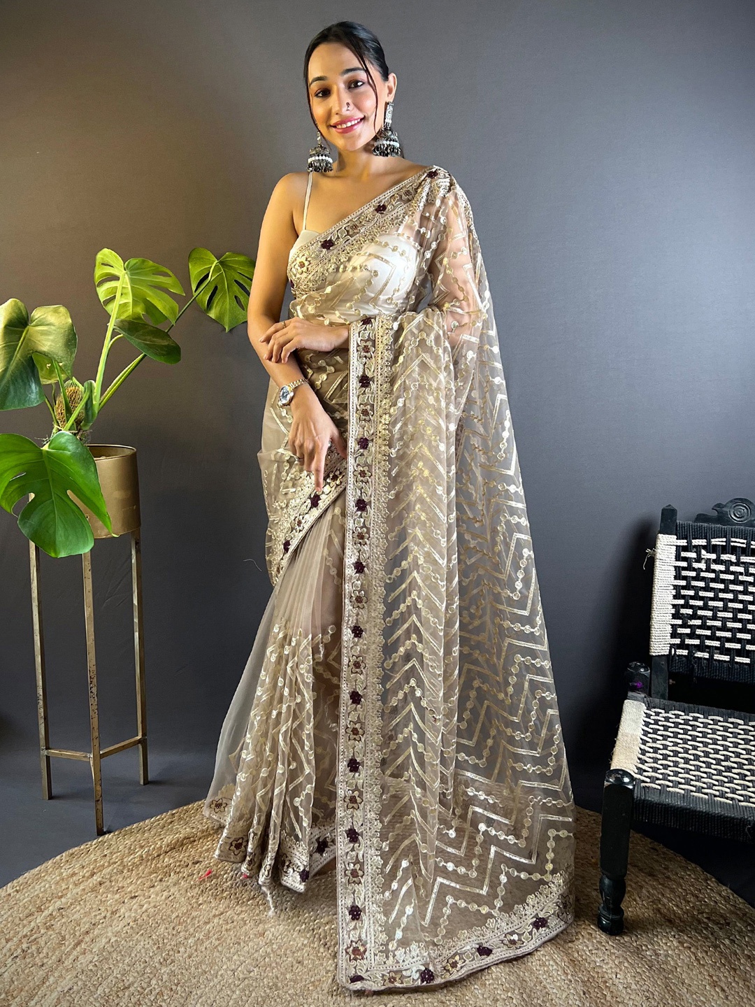 

Anouk Geometric Embellished Gotta Patti Saree, Beige