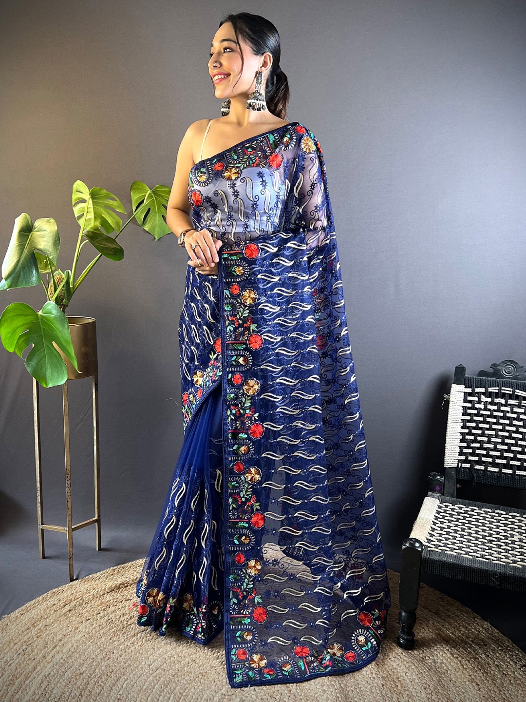 

Anouk Ethnic Motifs Kutchi Embroidery Net Saree, Navy blue