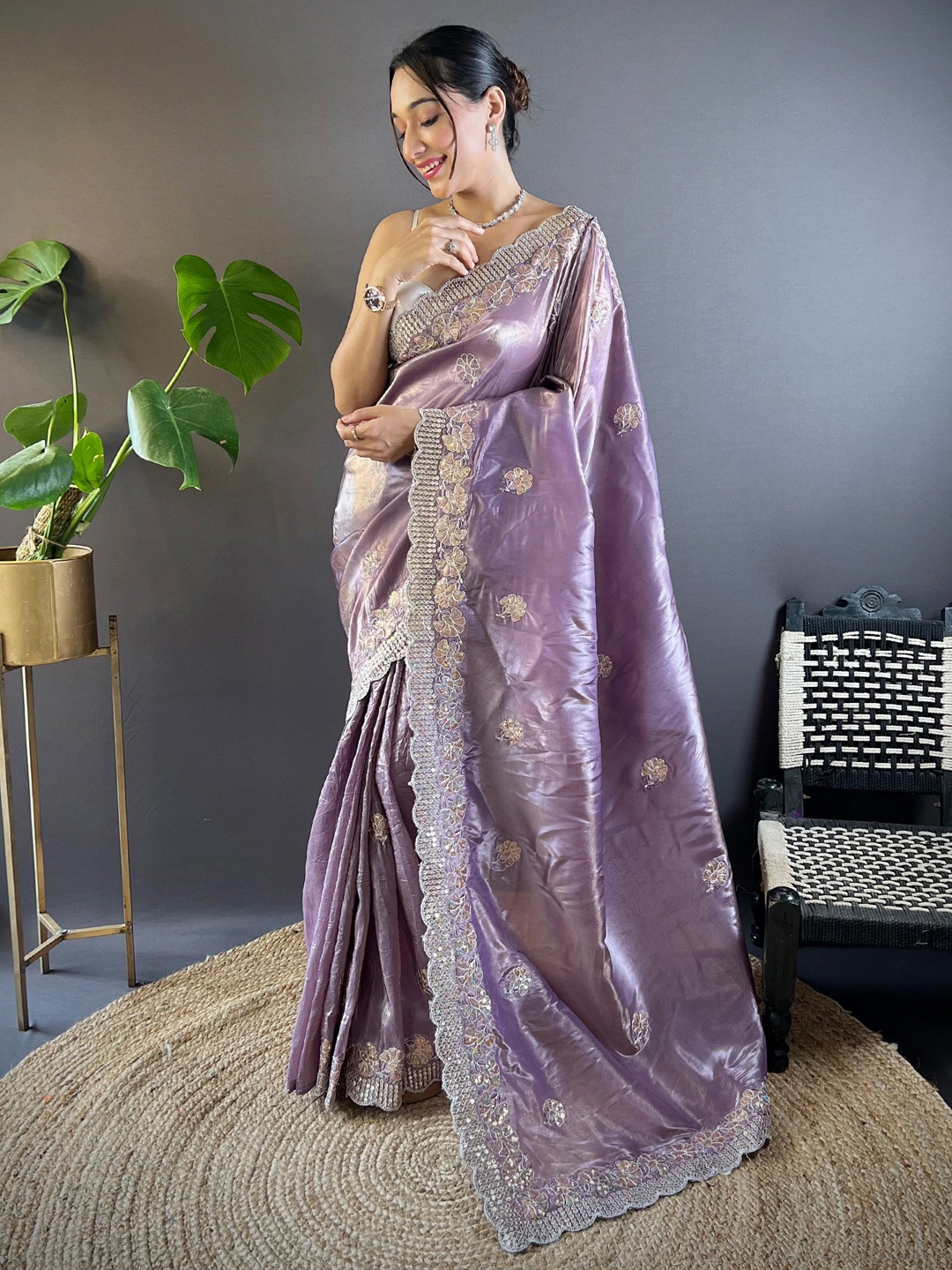 

Anouk Ethnic Motifs Embellished Sequinned Tissue Saree, Lavender