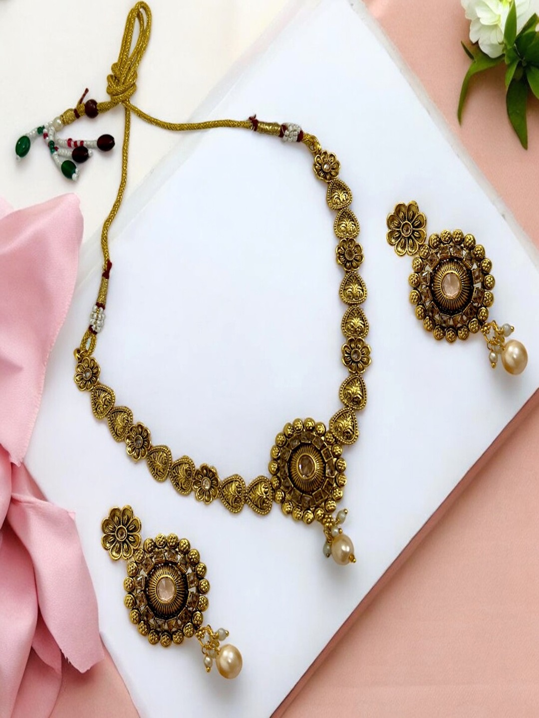 

AccessHer Gold-Plated Stones Studded & Beaded Floral Design Jewellery Set