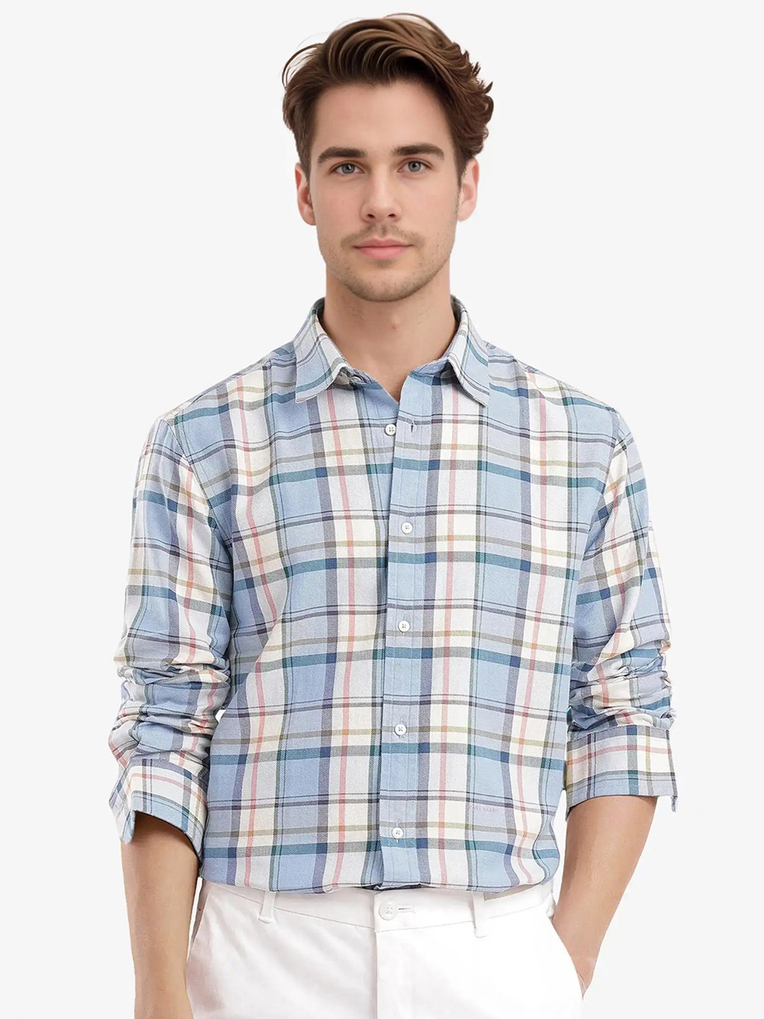 

RARE RABBIT Men Comfort Spread Collar Tartan Checked Casual Shirt, Blue