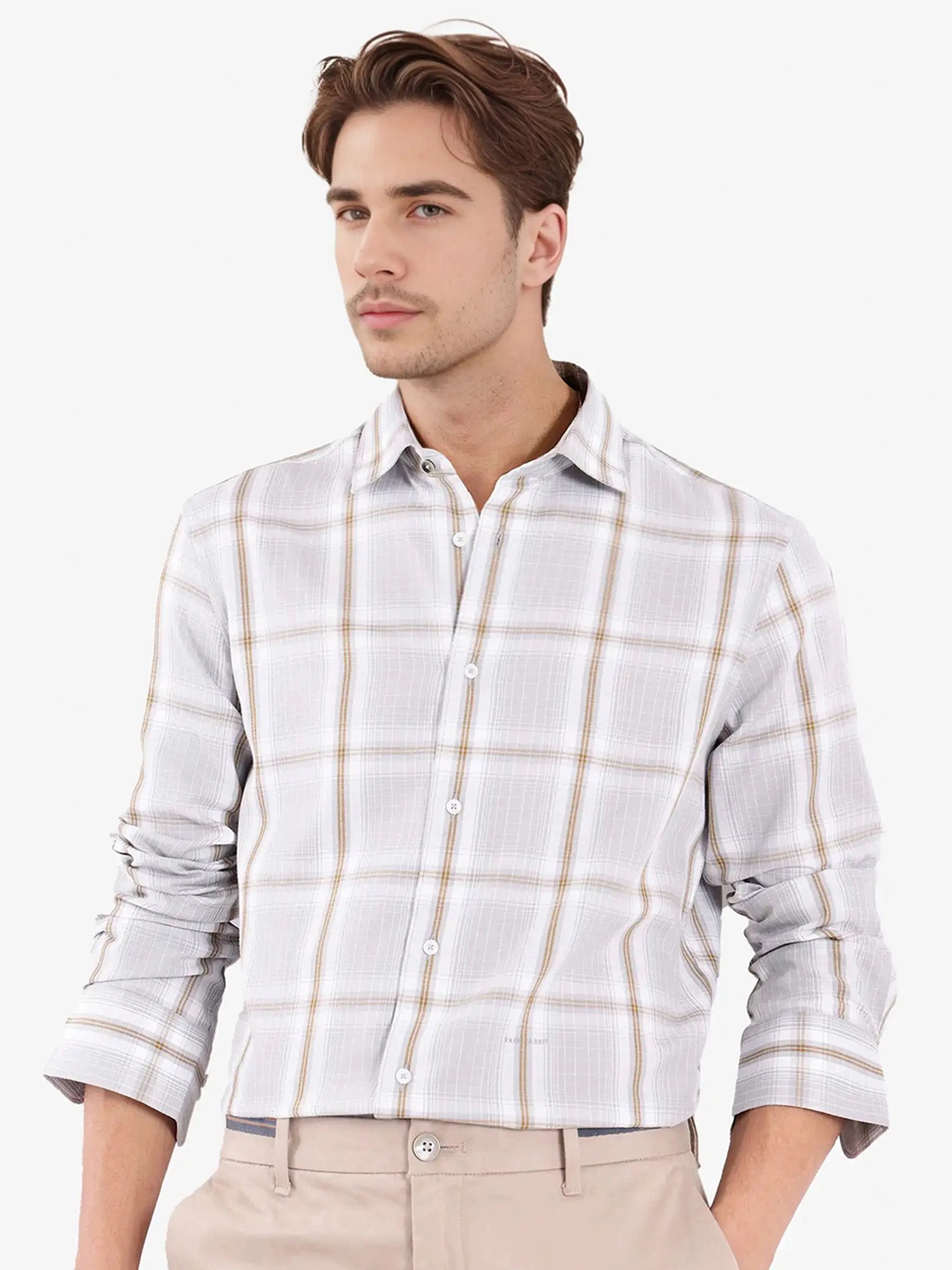 

RARE RABBIT Men Comfort Spread Collar Checked Cotton Casual Shirt, Grey