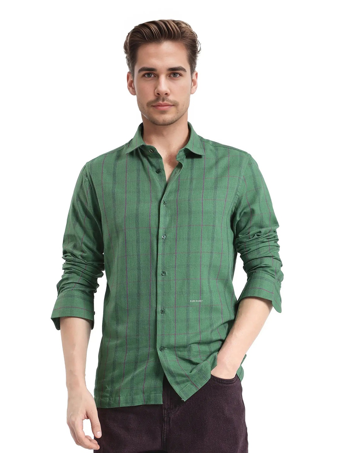 

RARE RABBIT Men Comfort Spread Collar Checked Oversized Casual Shirt, Green