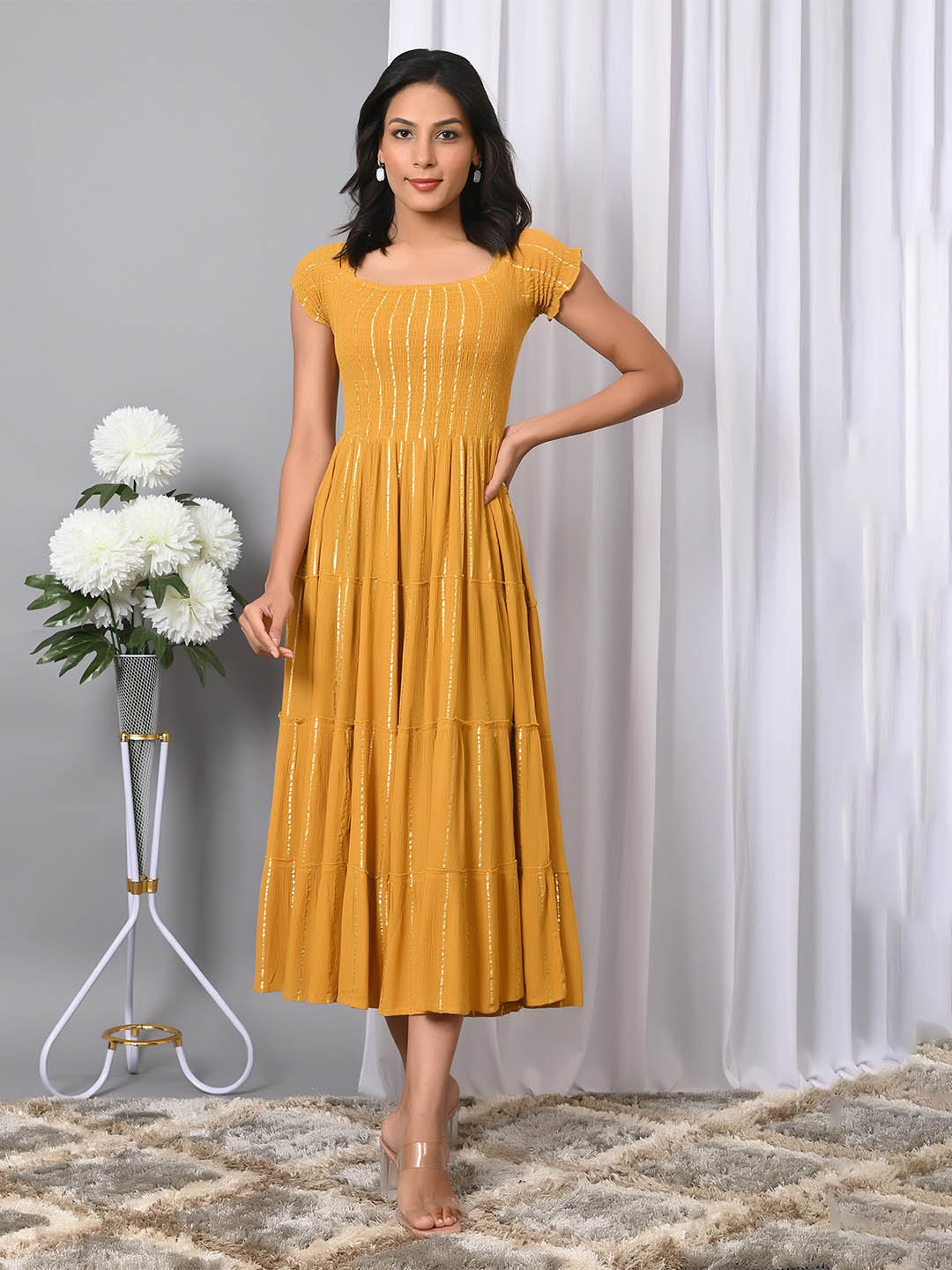 

IQRAAR Women Self Design Dress, Yellow