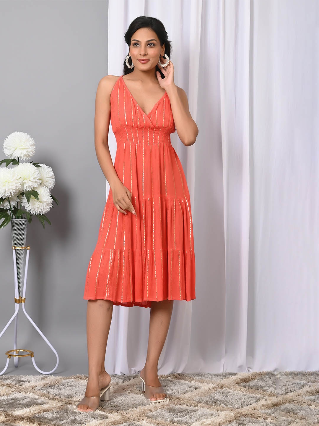 

IQRAAR V Neck Fit & Flare Dress, Peach
