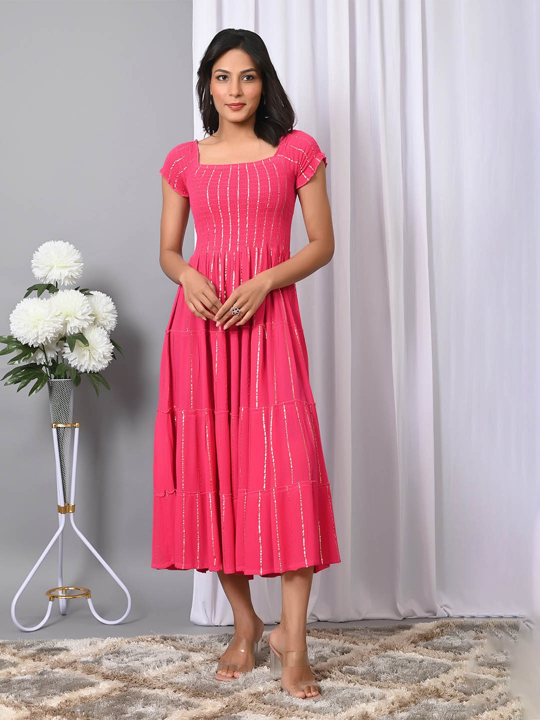 

IQRAAR Square Neck Fit & Flared Western Wear Dress, Pink