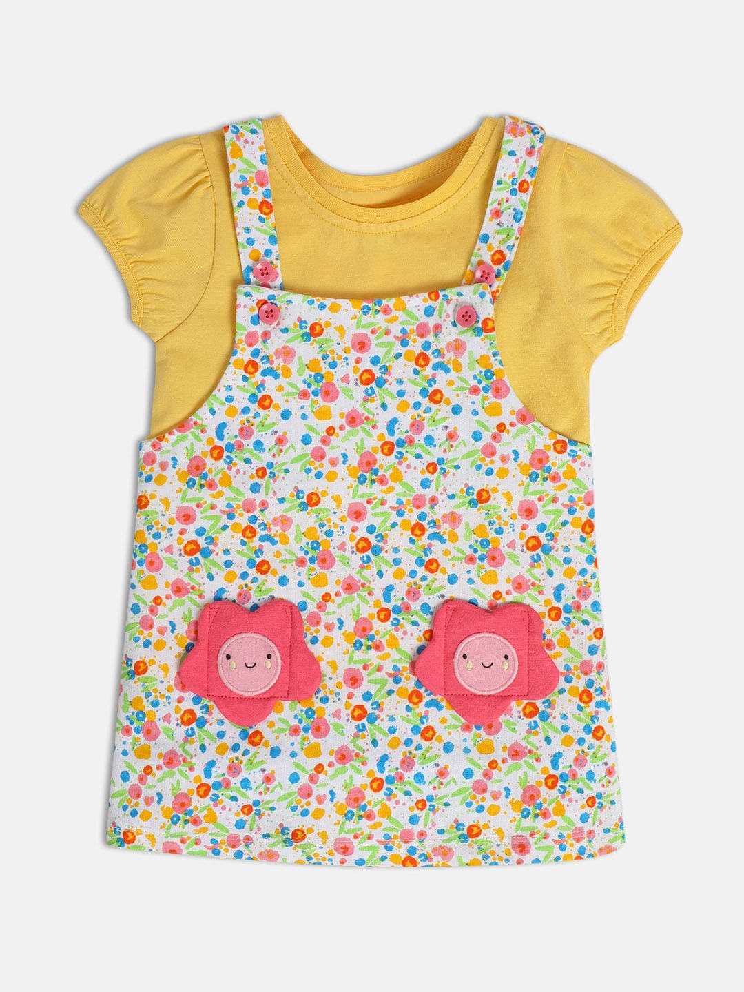 

MINI KLUB Floral Printed Shoulder Straps Neck Pure Cotton Pinafore Dress With T-shirt, Mustard