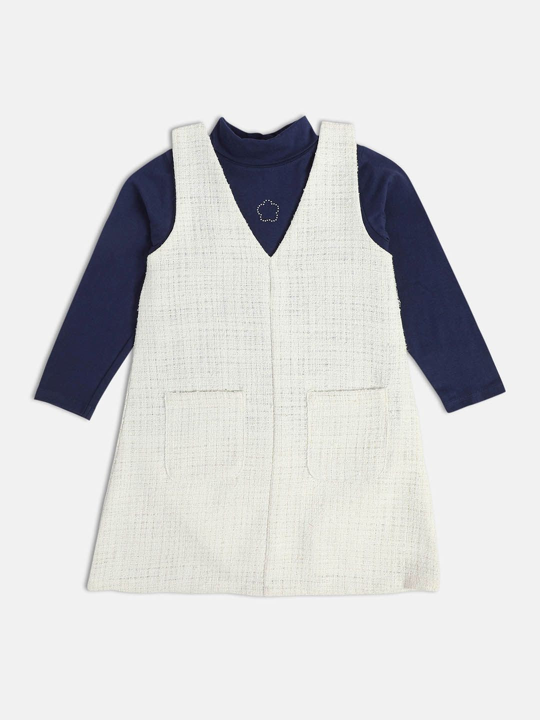 

MINI KLUB Girls V-Neck Sleeveless Pure Cotton Pinafore Dress With Top, White