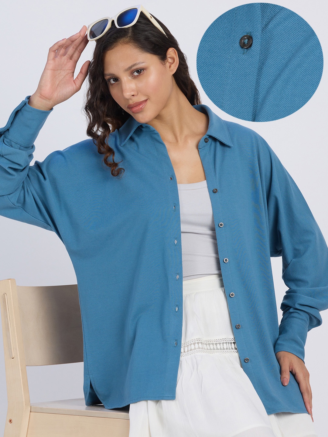 

PINACOLADA Women Comfort Spread Collar Solid Cotton Oversized Casual Shirt, Blue
