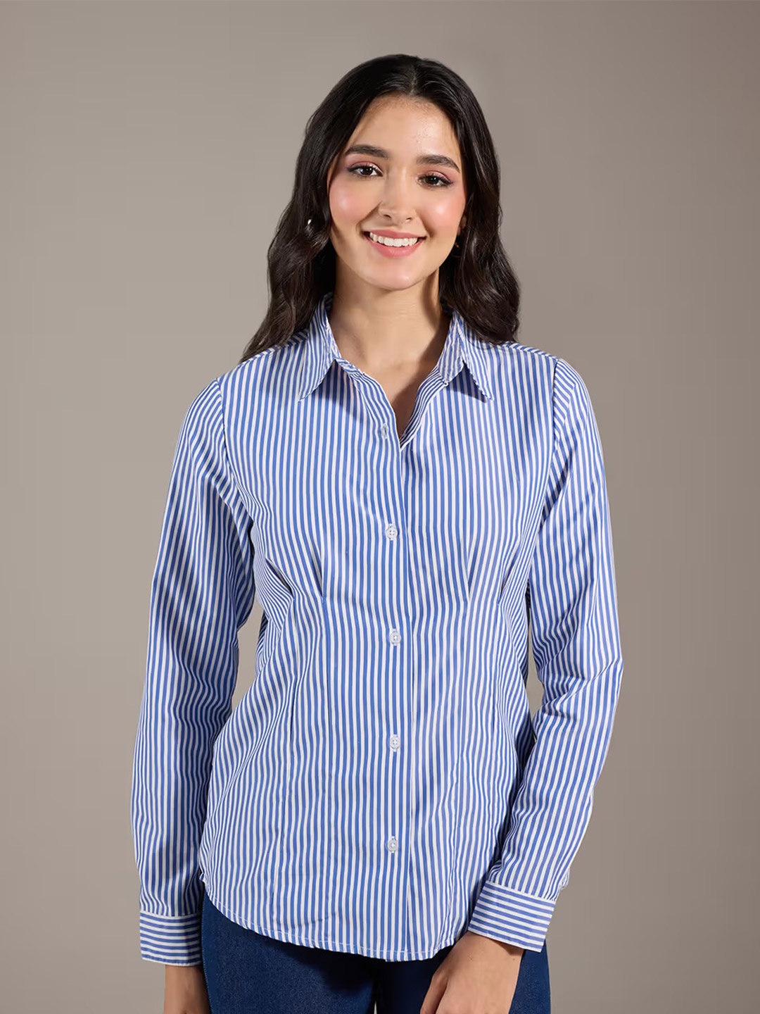 

The Roadster Lifestyle Co Women Striped Slim Fit Spread Collar Shirt, Blue