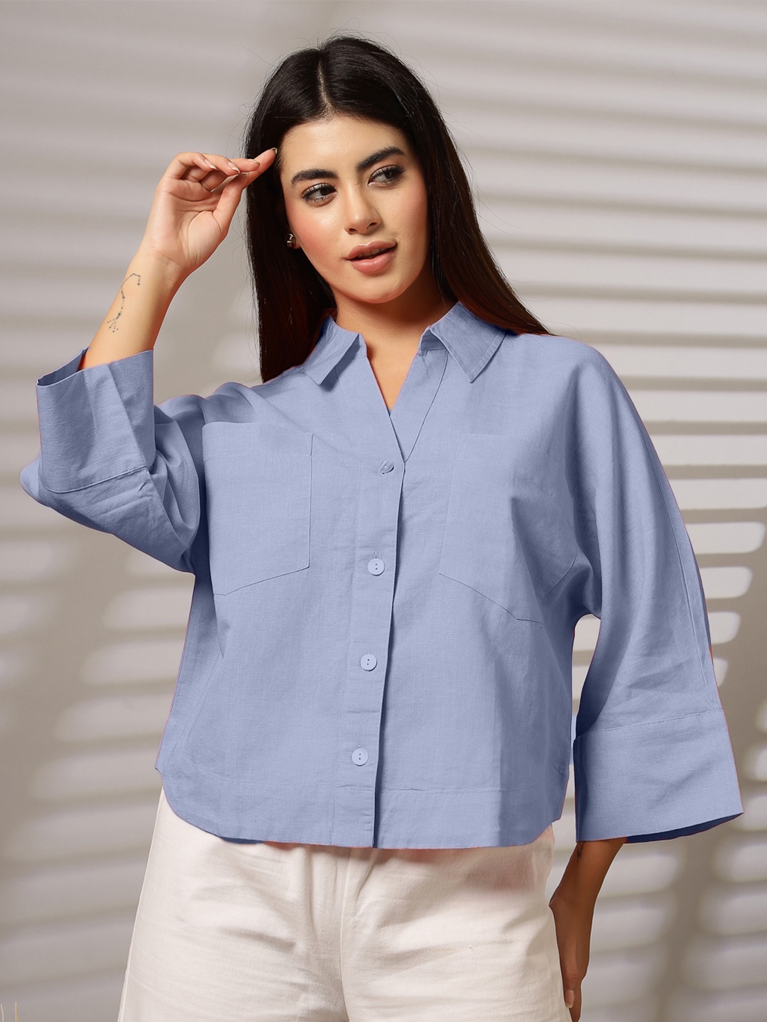 

The Roadster Lifestyle Co. Drop Sleeves V Neck Comfort Fit Linen Shirt, Blue