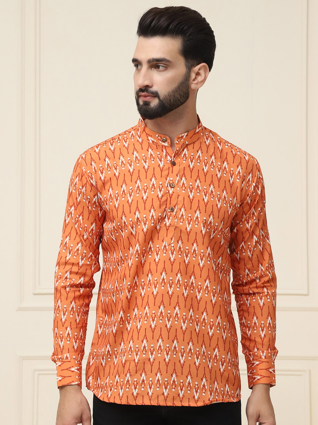 

SOJANYA Ethnic Motifs Printed Band Collar Pure Cotton Short Kurta, Mustard