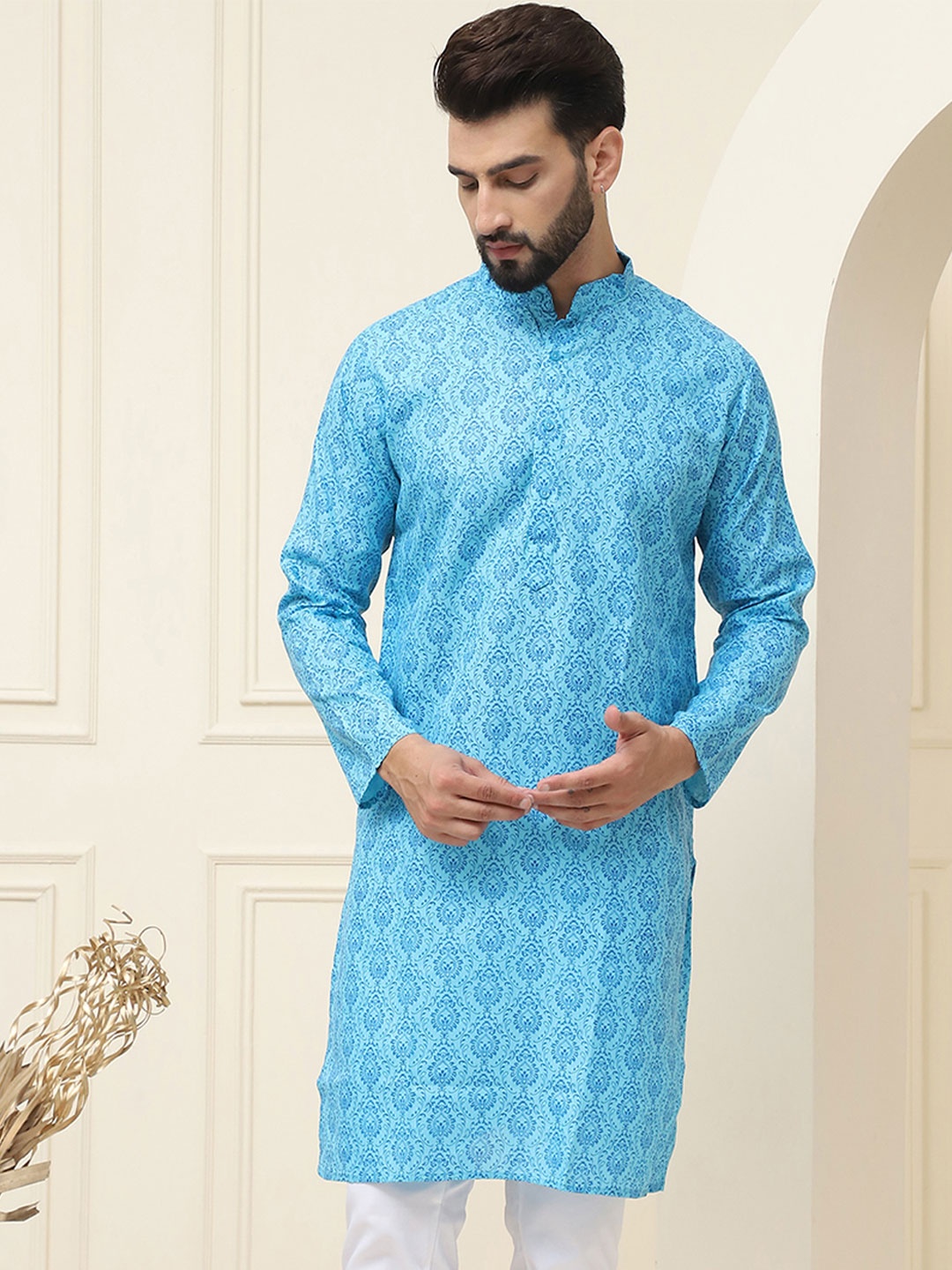 

SOJANYA Ethnic Motifs Printed Band Collar Neck Long Sleeves Pure Cotton Kurta, Blue