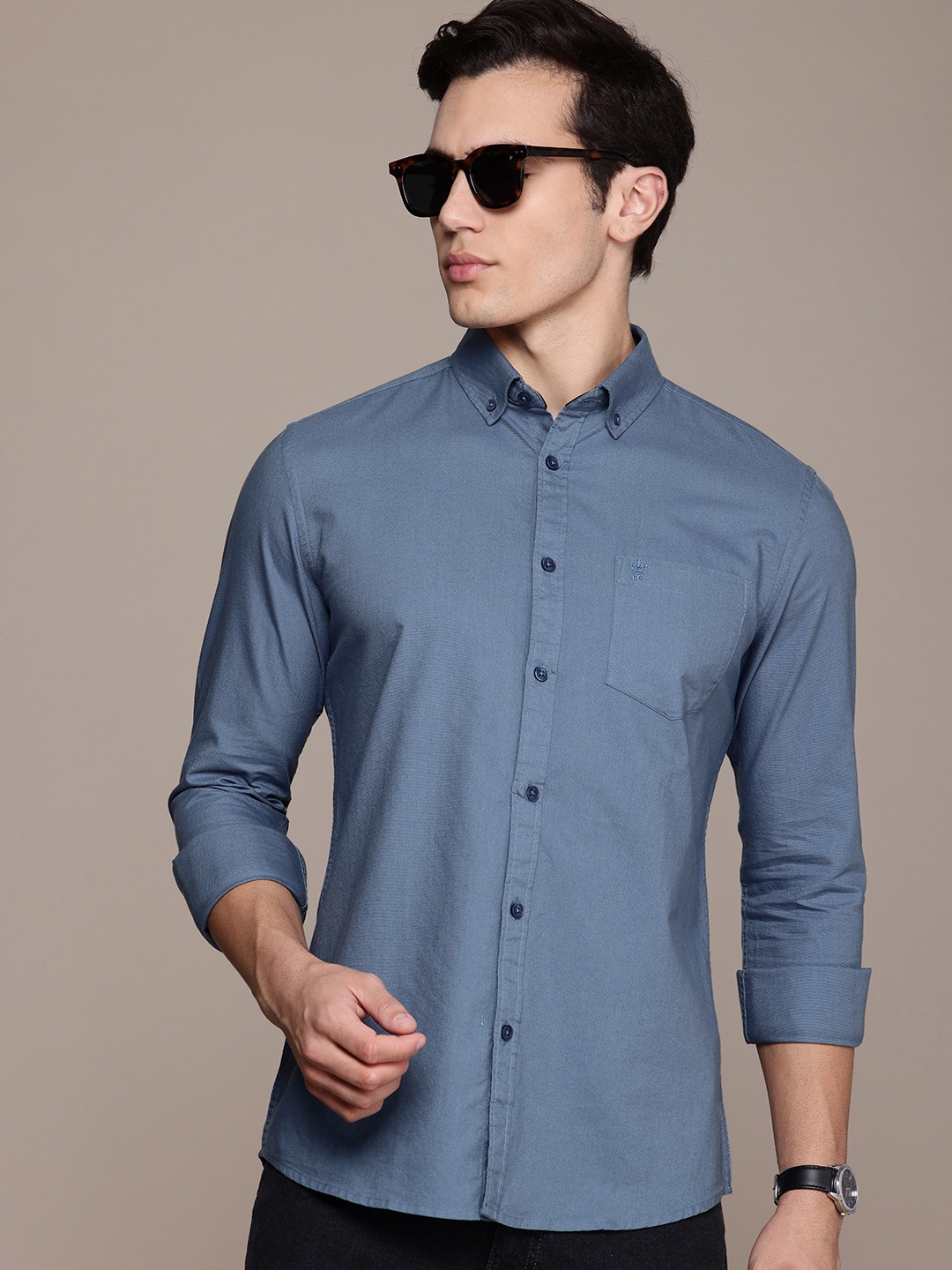 

French Connection Men Button-Down Collar Slim Fit Pure Cotton Casual Shirt, Blue