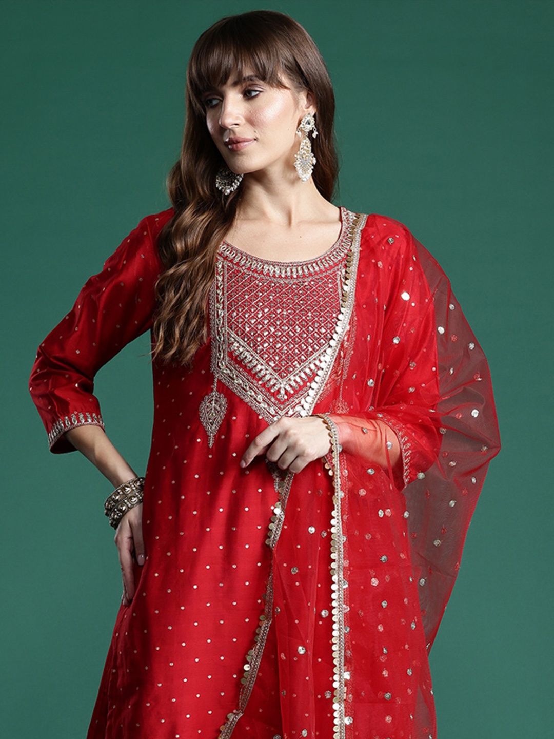 

Indo Era Embroidered Sequinned Kurta With Trousers & Dupatta, Red
