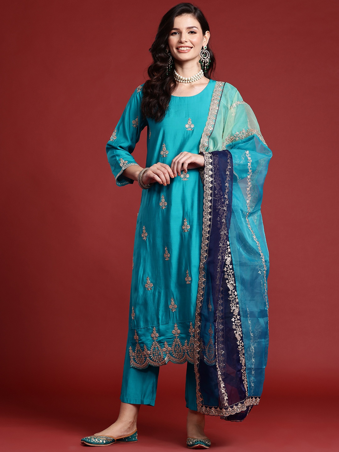 

Indo Era Ethnic Motifs Embroidered Sequinned Kurta With Trousers & Dupatta, Blue
