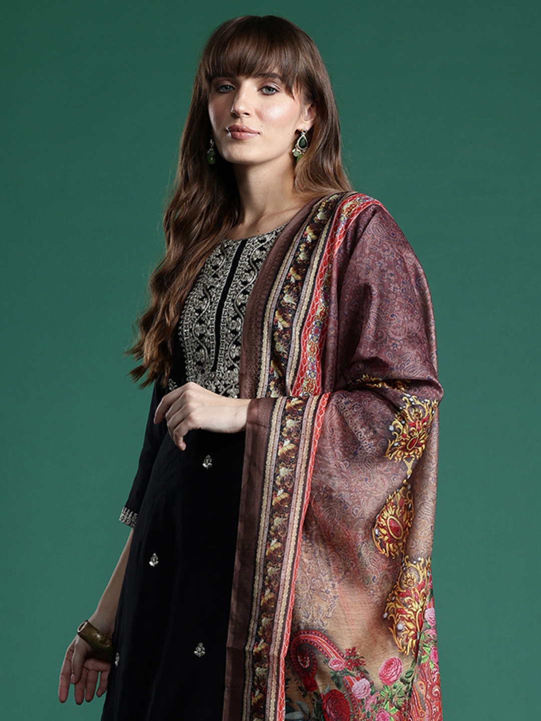 

Indo Era Ethnic Motifs Zari Embroidered Liva Kurta With Trousers & Dupatta, Black