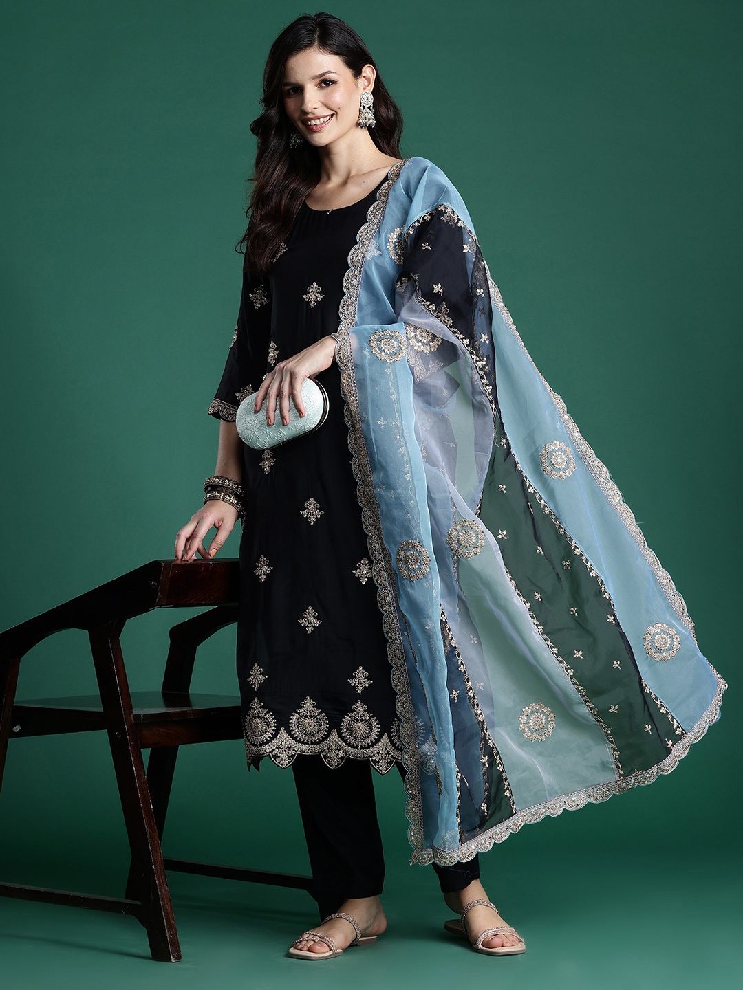 

Indo Era Ethnic Motifs Embroidered Sequinned Kurta With Trousers & Dupatta, Black