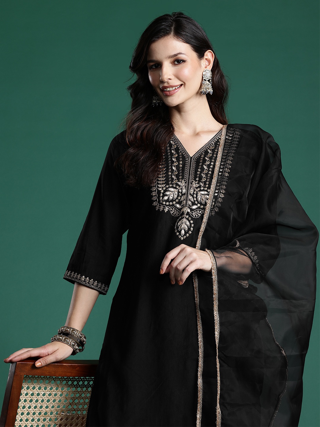 

Indo Era Ethnic Motifs Zari Embroidered Liva Kurta With Sharara & Dupatta, Black