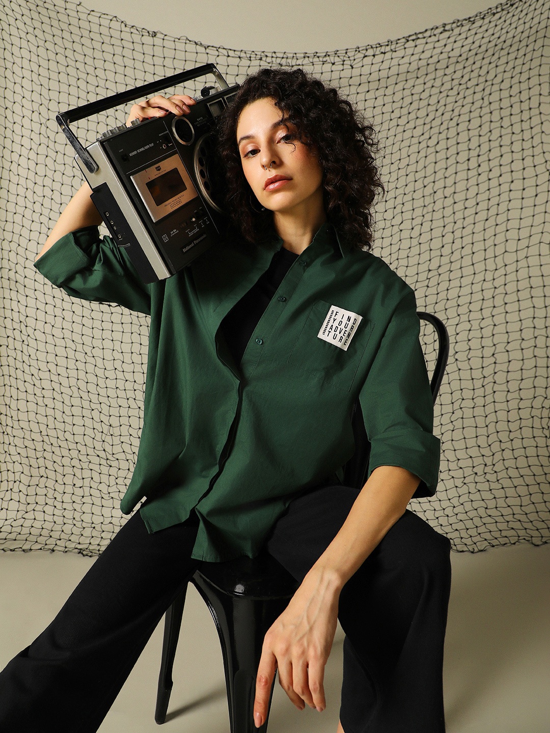 

Hubberholme Women Classic Spread Collar Solid Cotton Oversized Casual Shirt, Green
