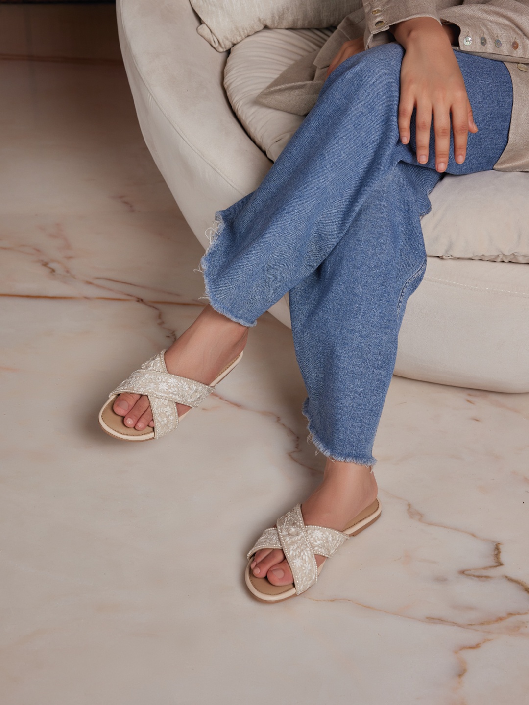 

CAI Women Pearl Embroidered Flats, Cream