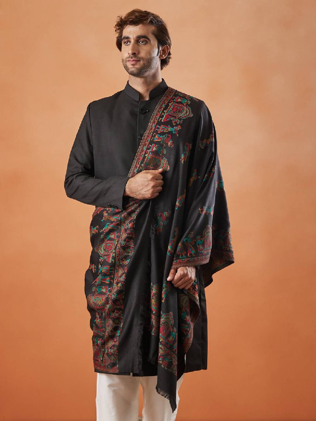 

Pashmoda Men Woven Design Stole, Black